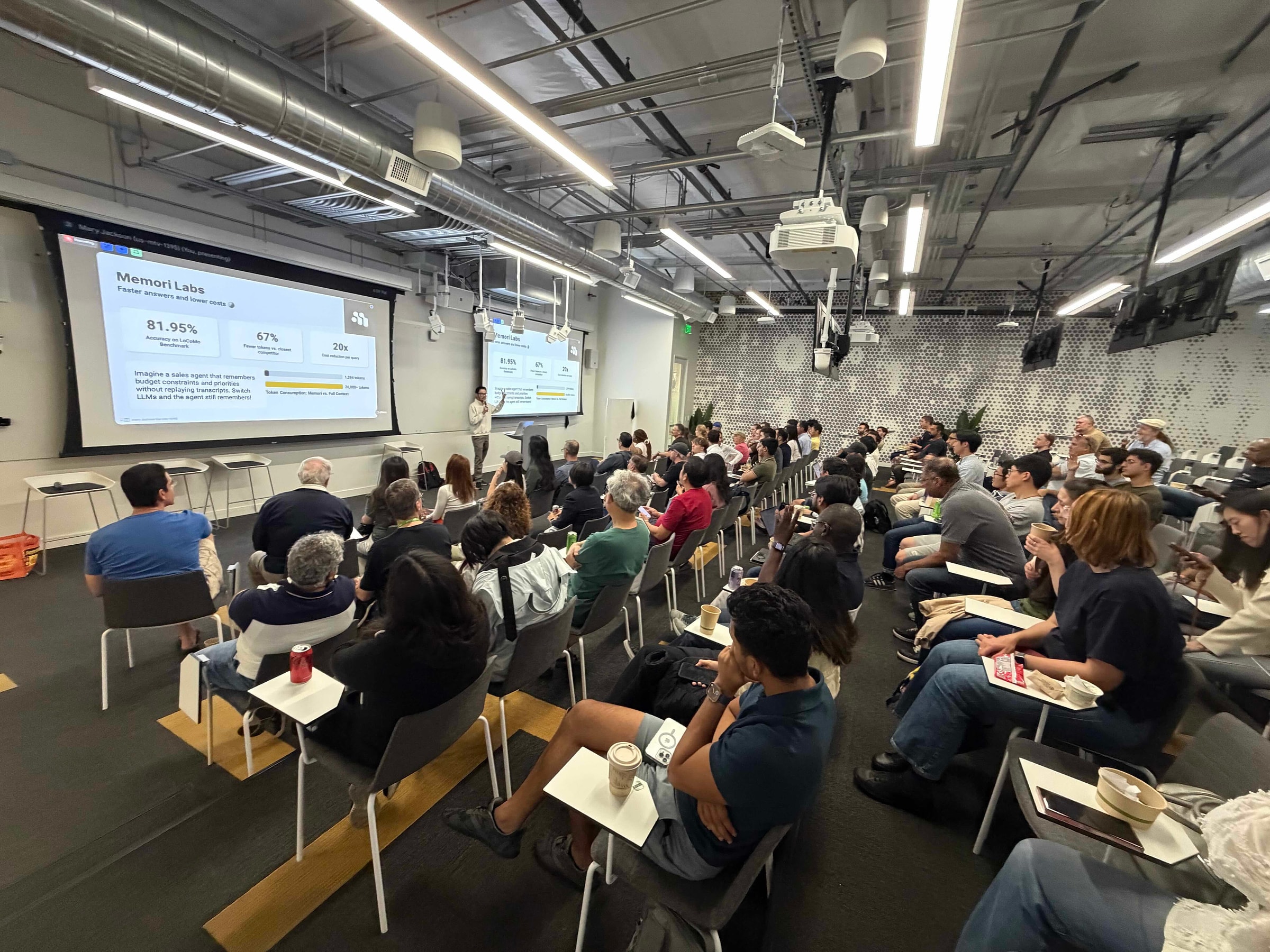 A speaker presents a Memori Labs slide to a full room of seated attendees at the meetup